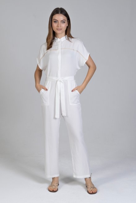 Τένσελ ολόσωμη φόρμα με πλεκτές λεπτομέριες white
