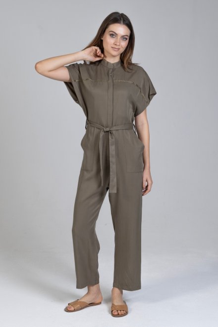 Tencel jumpsuit with knitted details khaki