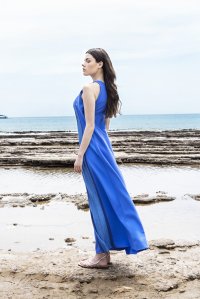 Stretch long dress with knitted details royal blue
