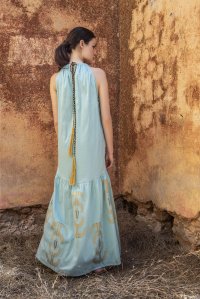 Embroidered jaquard maxi dress with knitted details teal-gold-black