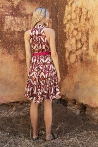 Βισκόζ εμπριμέ μίνι φόρεμα με πλεκτές λεπτομέριες multicolored fuchsia