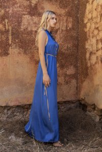 Satin midi dress with knitted details royal blue