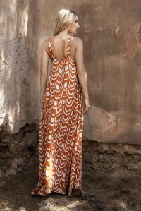 Satin printed maxi dress with knitted details orange-ivory-gold