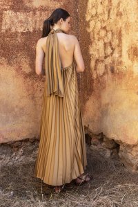 Satin pleated midi dress with knitted details bronze