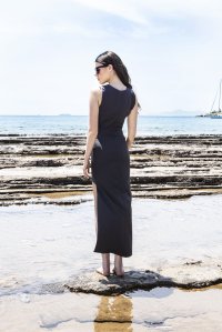 Stretch maxi asymmetrical dress with knitted details black