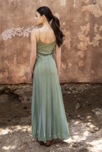 Lurex multicolored round neck maxi dress teal -mint -tan gold