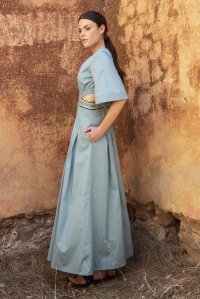 Poplin cut-out maxi dress with knitted details teal