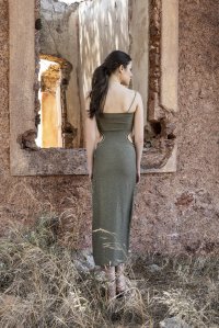 Βαμβακερό-lurex μίντι φόρεμα με cut-out khaki