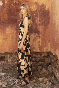 Linen blend printed midi dress with knitted details black-rust
