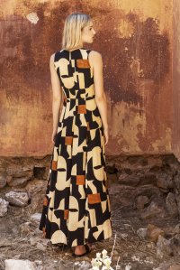 Linen blend printed midi dress with knitted details black-rust