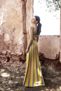 Lurex πολύχρωμο μακρύ φόρεμα με παρτούς ώμους elephant -lime -beige gold