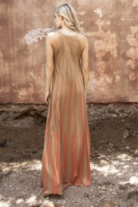 Lurex δίχρωμο μάξι φόρεμα με παρτούς ώμους orange  -tan gold