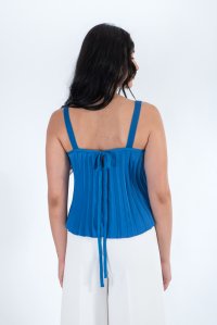 Satin pleated top with knitted details royal blue
