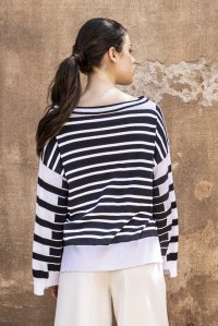 Cotton blend striped sweater white -navy