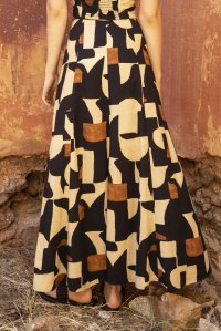 Linen blend printed midi skirt with knitted details black-rust
