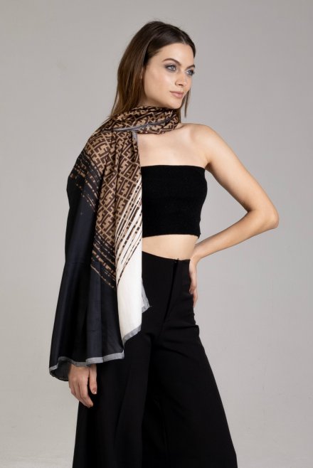 Scarf with small geometric pattern grey-beige-camel