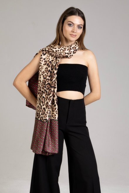 Scarf with leopard print camel-mauve-green