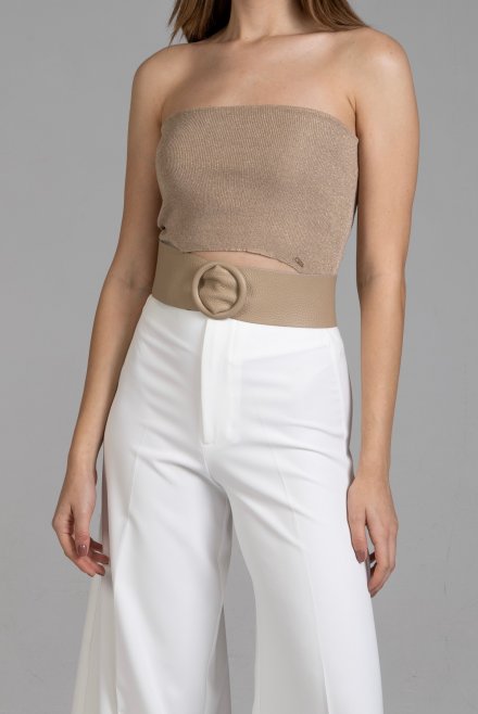 Rounded boucle leather belt beige