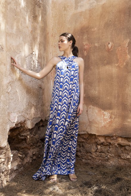 Satin printed maxi dress with knitted details blue-ivory-gold