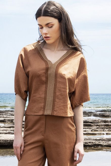 Linen blouse with knitted details terracotta