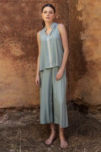 Crepe marocaine cropped wide leg pants with knitted details teal