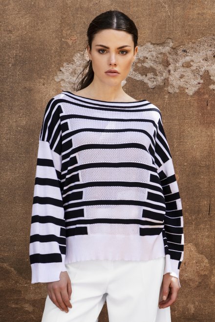 Cotton blend striped sweater white -navy
