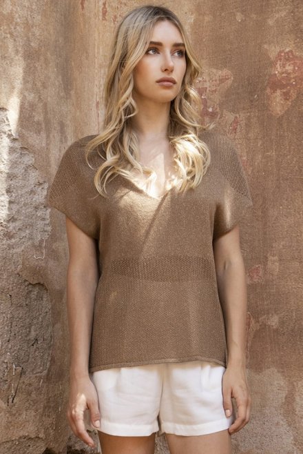 Cotton-lurex open-knit top warm sand