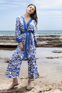 Satin printed kimono with knitted details blue-ivory-gold