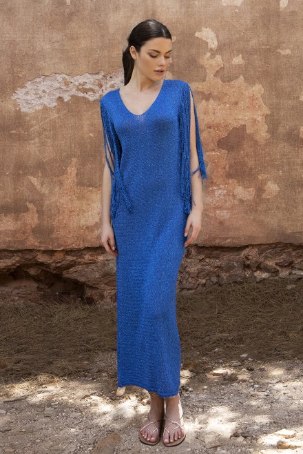 Μεταλλιζέ μάξι φόρεμα με κρόσια royal blue