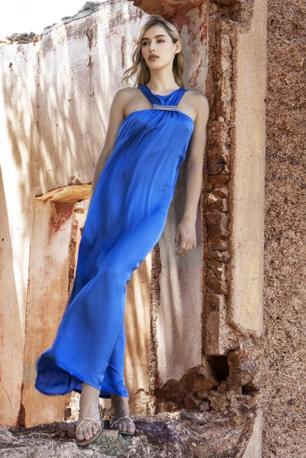 Σατέν μάξι αμάνικο φόρεμα με πλεκτές λεπτομέρεις royal blue