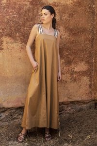 Poplin midi flared dress with knitted details camel