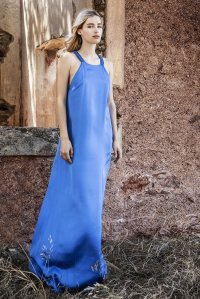 Satin halter-neck maxi dress with handmade knitted details royal blue