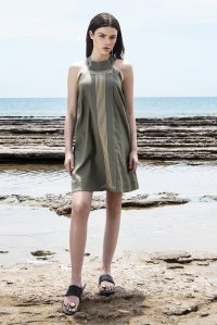 Linen mini dress with knitted details khaki