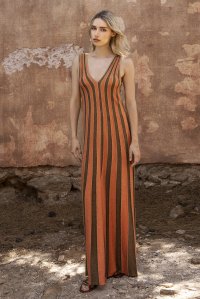 Lurex πολύχρωμο μάξι αμάνικο φόρεμα orange -bronze -tan gold