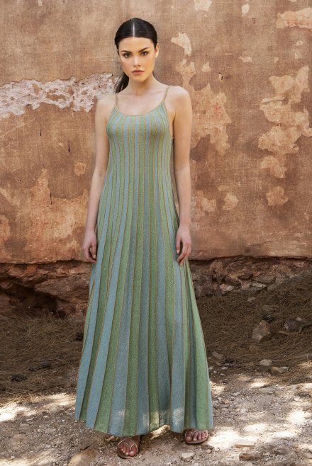Lurex multicolored round neck maxi dress teal -mint -tan gold