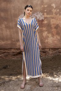Lurex relaxed v-neck multicolored dress royal blue  -tan gold -beige gold