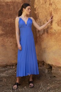 Crepe marocaine midi dress with handmade knitted details royal blue