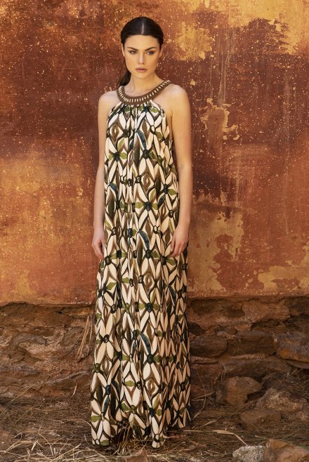 Viscose printed maxi dress with handmade knitted details multicolored  elephant