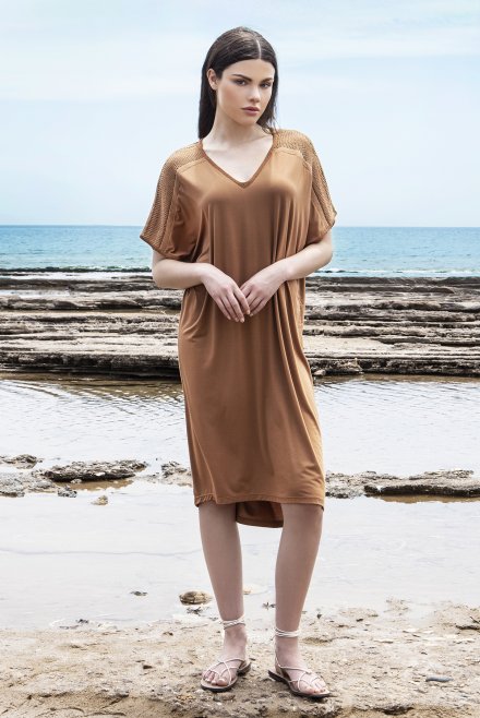 Jersey midi dress with knitted details terracotta
