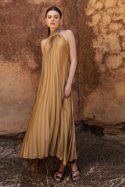 Σατέν πλισέ μιντι φόρεμα με πλεκτές λεπτομέριες bronze