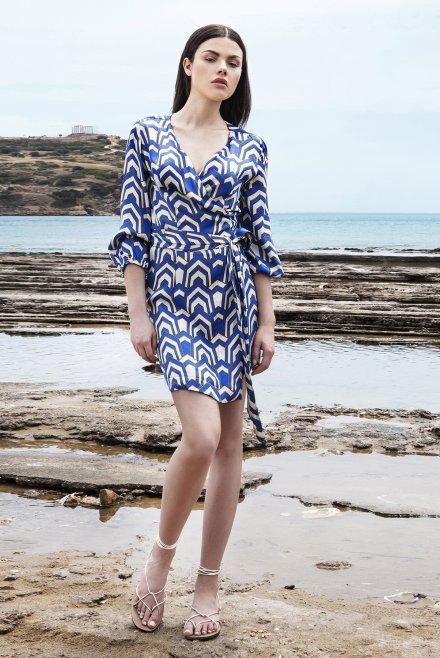 Satin printed mini dress with knitted details blue-ivory-gold