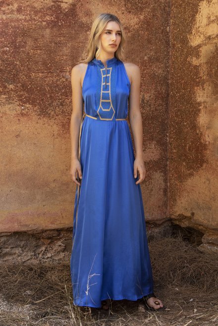 Satin midi dress with knitted details royal blue