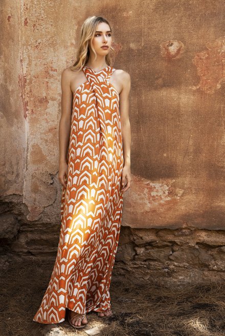 Σατέν μάξι φόρεμα με πλεκτές λεπτομέρεις orange-ivory-gold