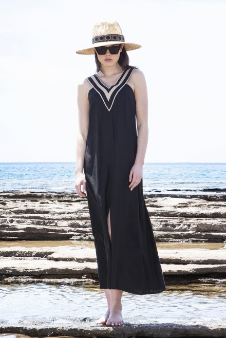 Μακρύ φόρεμα με λινό και πλεκτές λεπτομέριες black