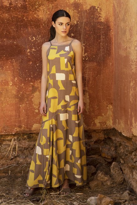 Εμπριμέ μάξι φόρεμα με λινό και πλεκτές λεπτομέριες lime -elephant