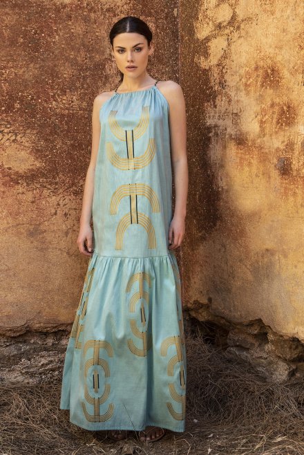 Embroidered jaquard maxi dress with knitted details teal-gold-black