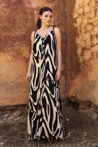 Βισκόζ μακρύ φόρεμα με αφηρημένο μοτίβο και πλεκτές λεπτομέριες black-beige