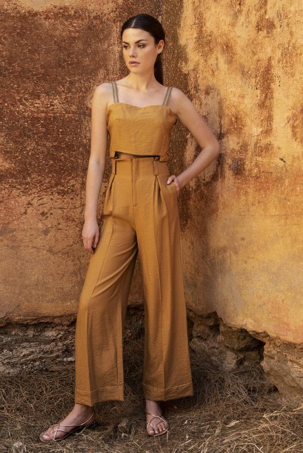 Wide leg pants with knitted details camel