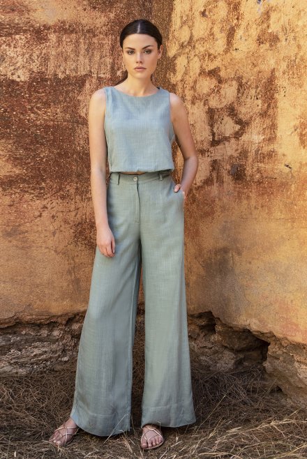 Linen blend wide leg pants with knitted details teal