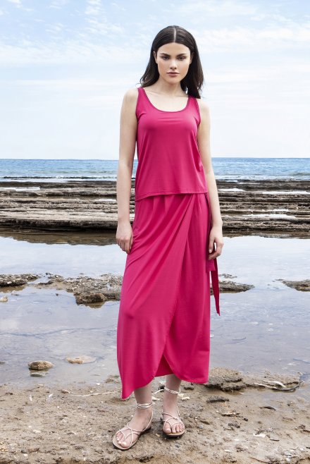 Jersey wrap midi skirt with knitted details fuchsia